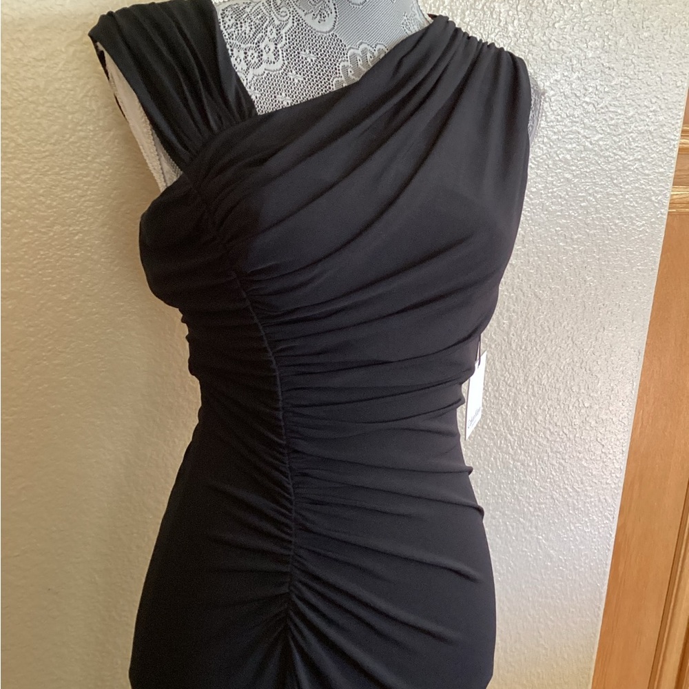 NWT Calvin Klein Black Asymmetrical Ruched Jersey Long Gown - Picture 4 of 15